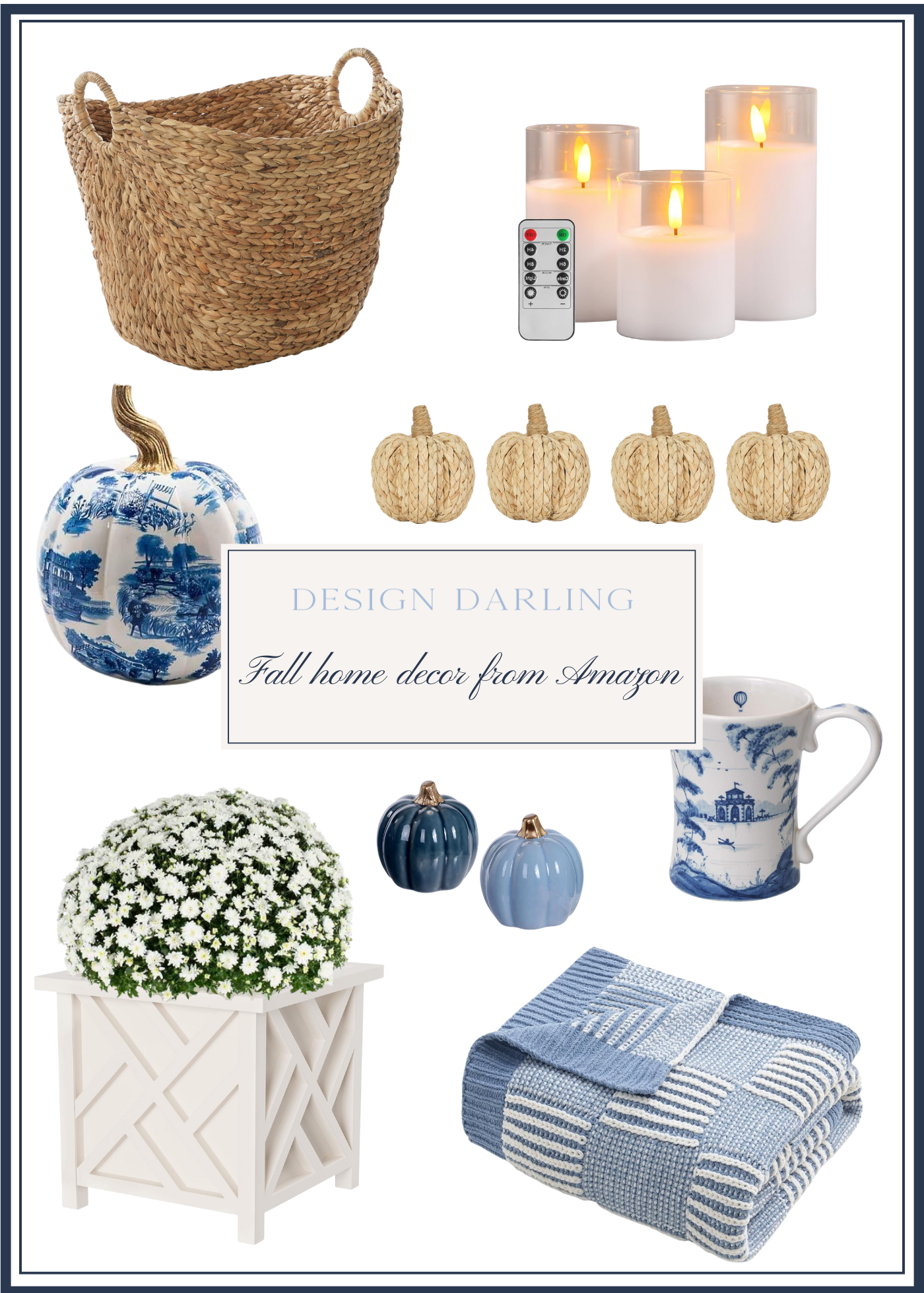 Collage of blue and neutral fall home decor finds from Amazon, including woven baskets, flameless candles, rattan and ceramic pumpkins, a white lattice planter with mums, a blue and white chinoiserie mug, and a cozy blue knit throw blanket — styled in classic coastal tones.
