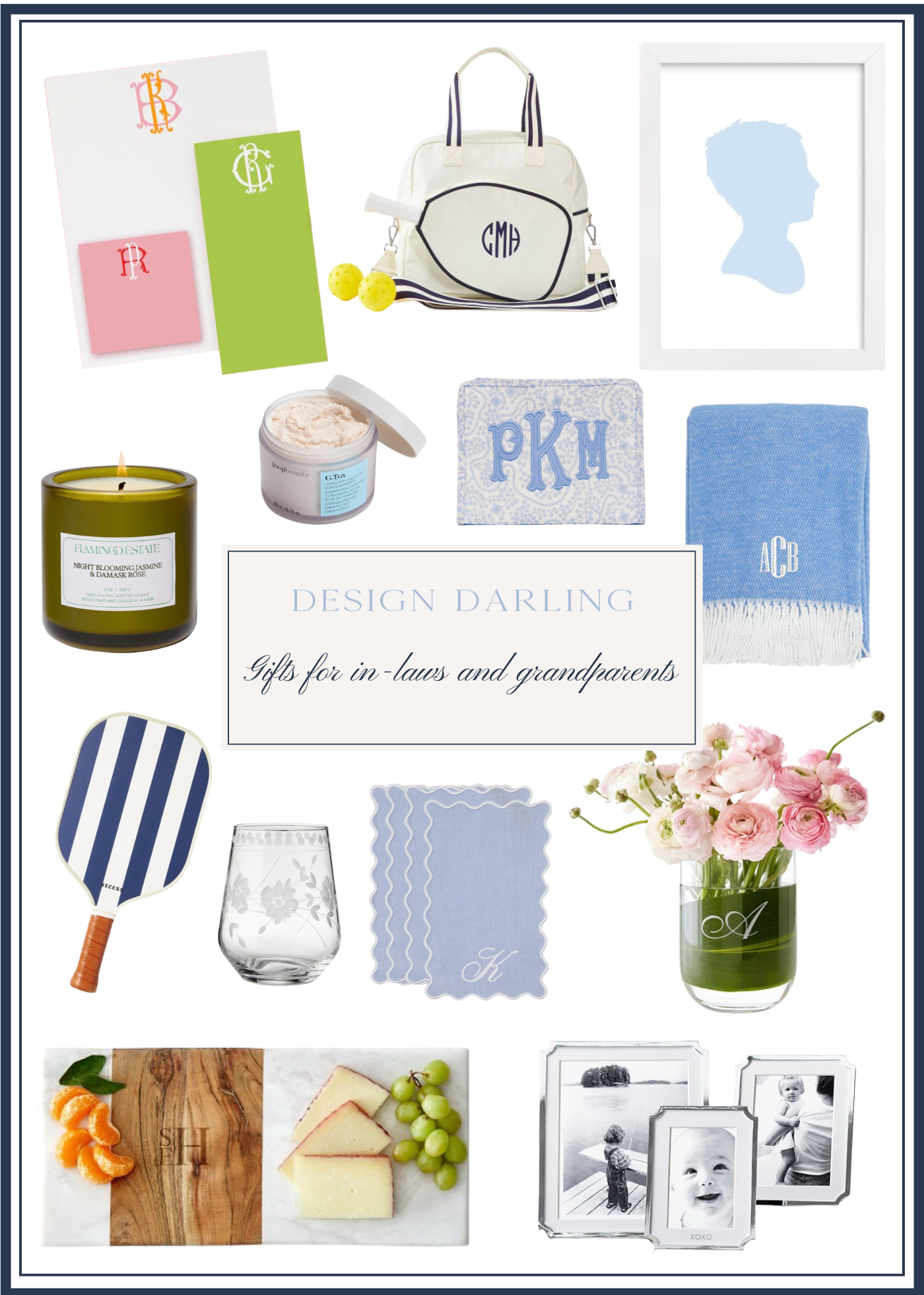 Flat lay collage of holiday gift ideas for in-laws and grandparents featuring monogrammed stationery, pickleball bag, framed silhouette art, scented candle, body scrub, monogrammed blanket and pouch, striped pickleball paddle, etched glassware, scalloped linen cocktail napkins, engraved vase with flowers, personalized charcuterie board, and silver picture frames, all styled in soft blue, white, and neutral tones from Design Darling.