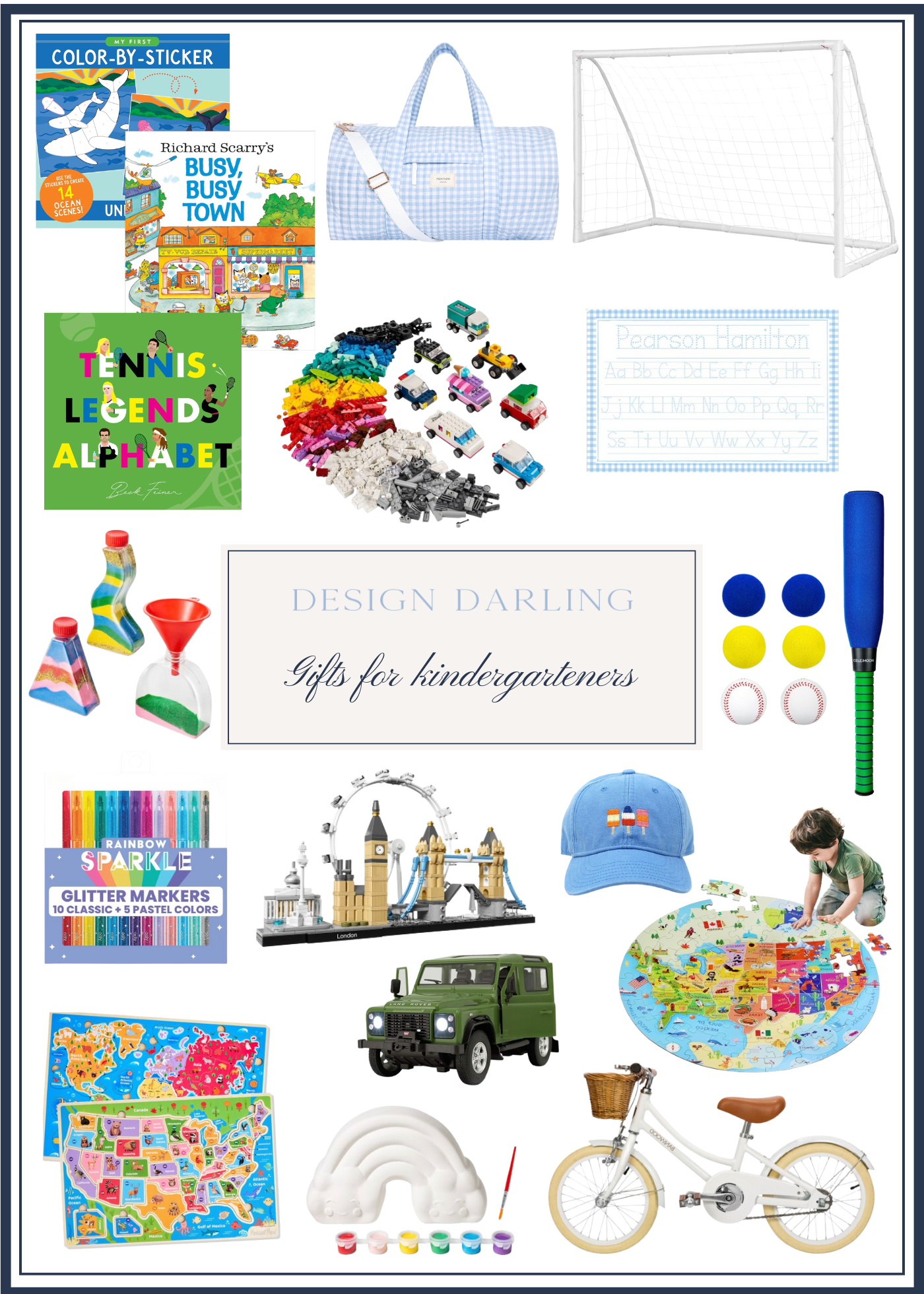 Flat lay collage of holiday gift ideas for kindergarteners including books, sand art kits, glitter markers, Lego London set, toy Land Rover, alphabet tracing board, sports set with baseball bat and balls, puzzle play mats, bicycle, duffel bag, mini soccer goal, toy cars, map puzzles, and rainbow paint craft, in colorful and playful styles from Design Darling.