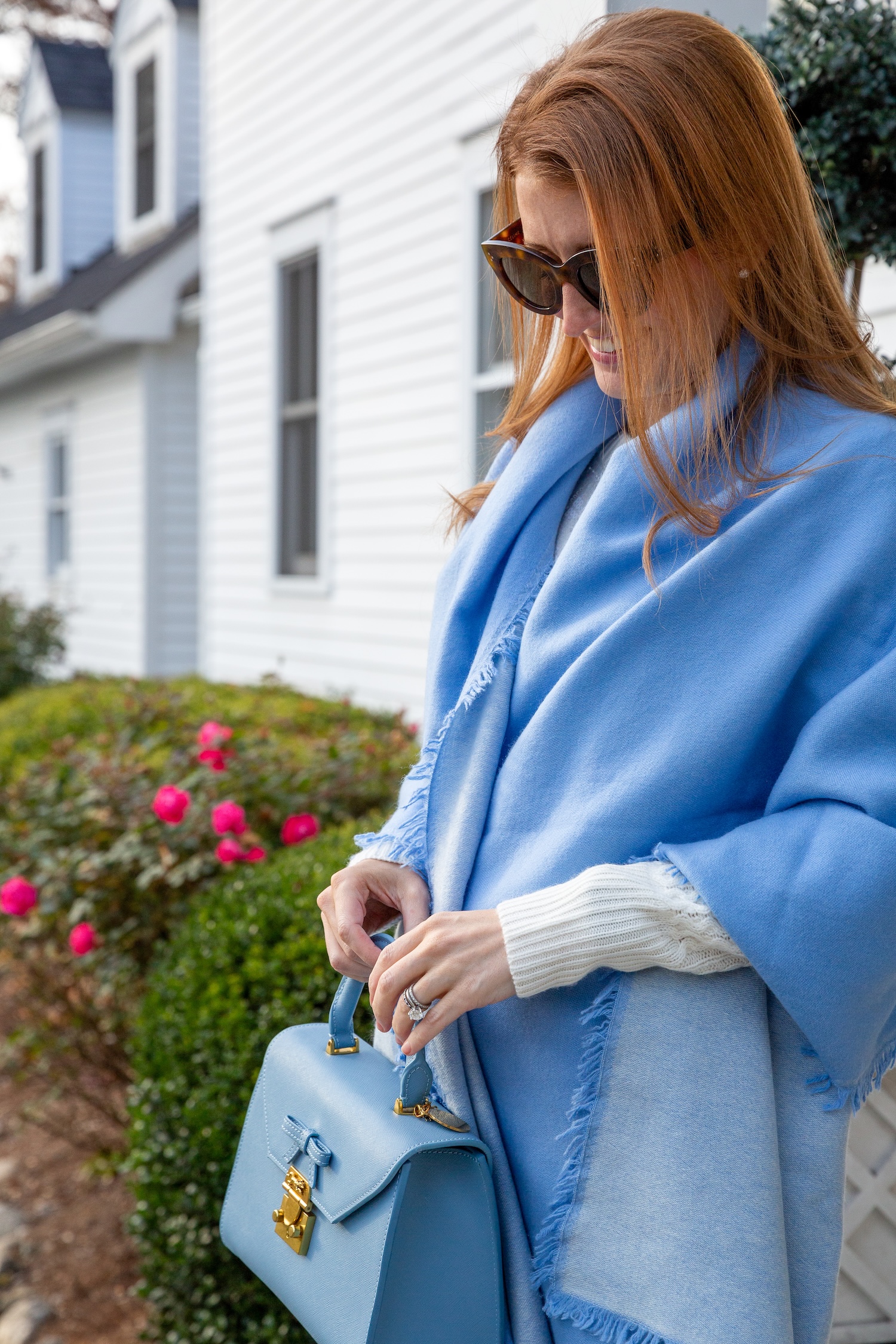 alice walk cashmere wrap and mme mink audrey bow bag cornflower blue