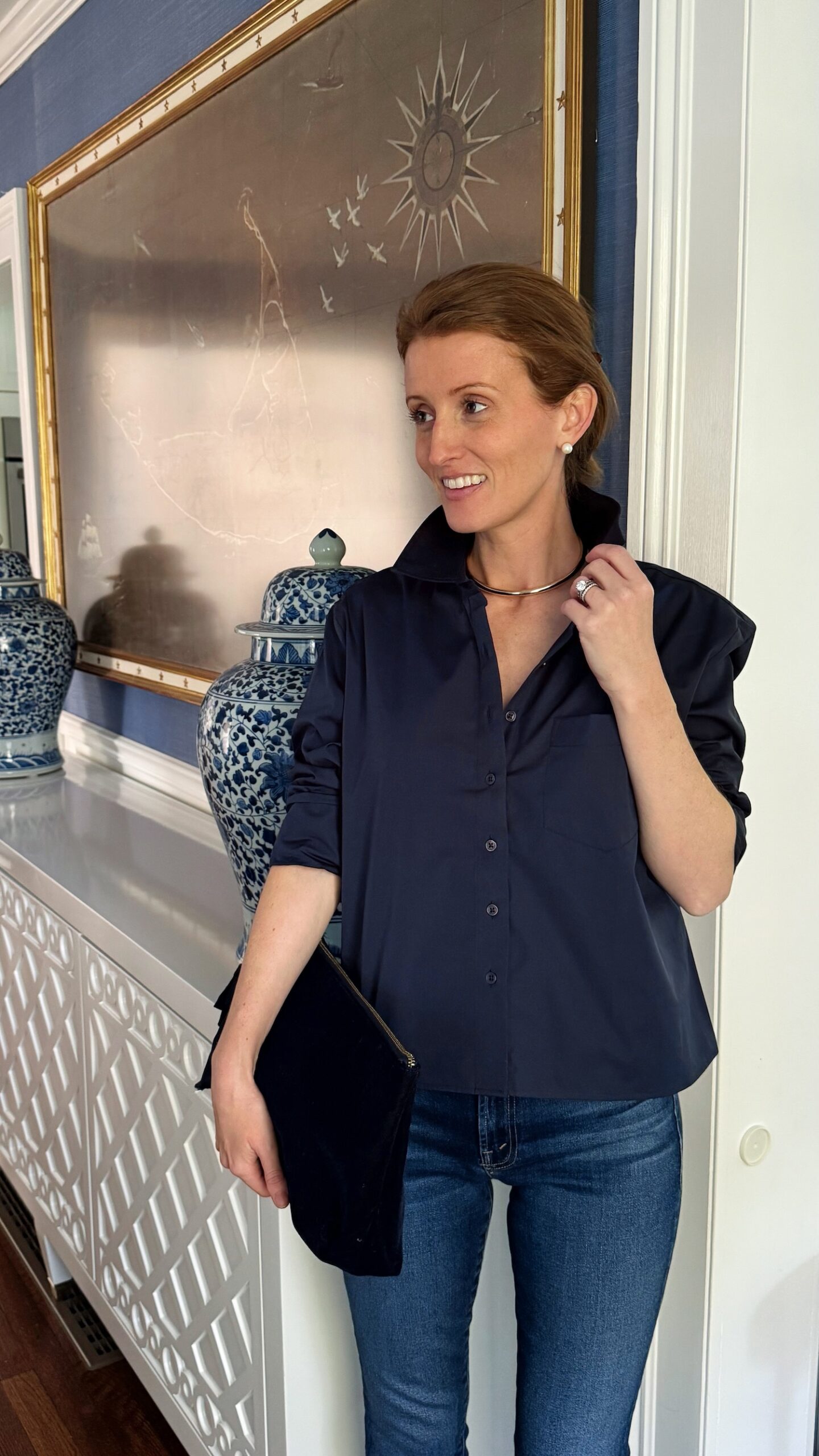 the shirt long sleeve boxy crop shirt in navy blue