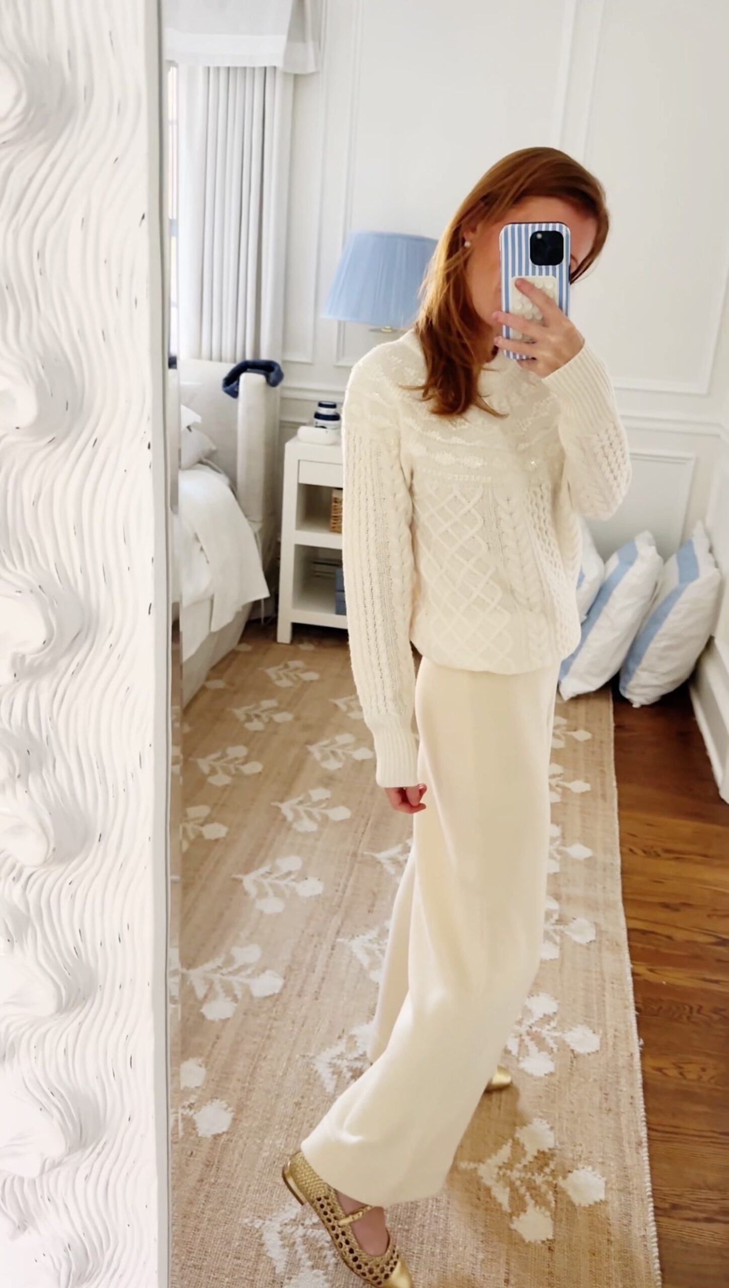 vineyard vines fair isle shine sweater and minnow cream wide leg knit pant