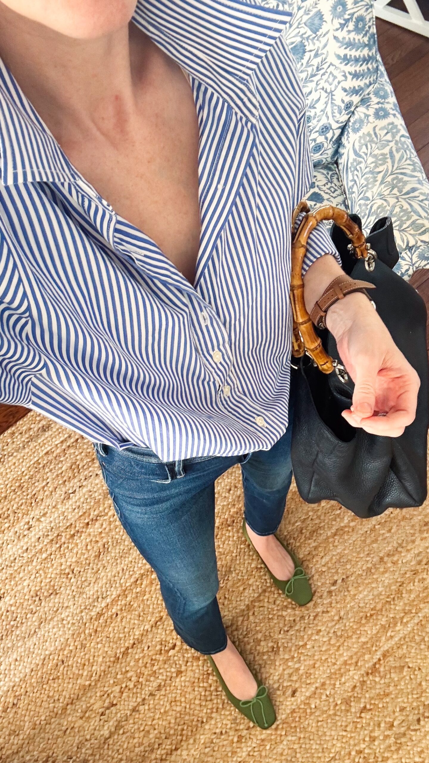 blue and white button down shirt with margaux fonteyn green ballet flats